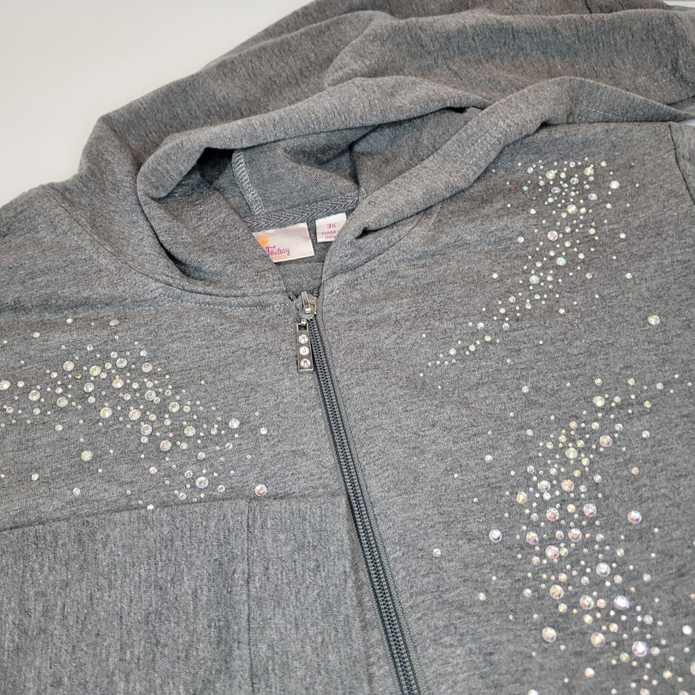 Quacker Factory Hoodie Women 3X Gray Excellent Rhinestone Starburst Zip Up